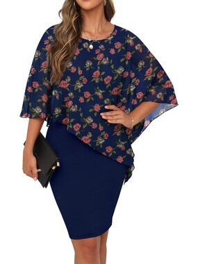 Women's Summer Casual Loose Navy Blue Knee Length Chiffon Flowy Elegant Dress
